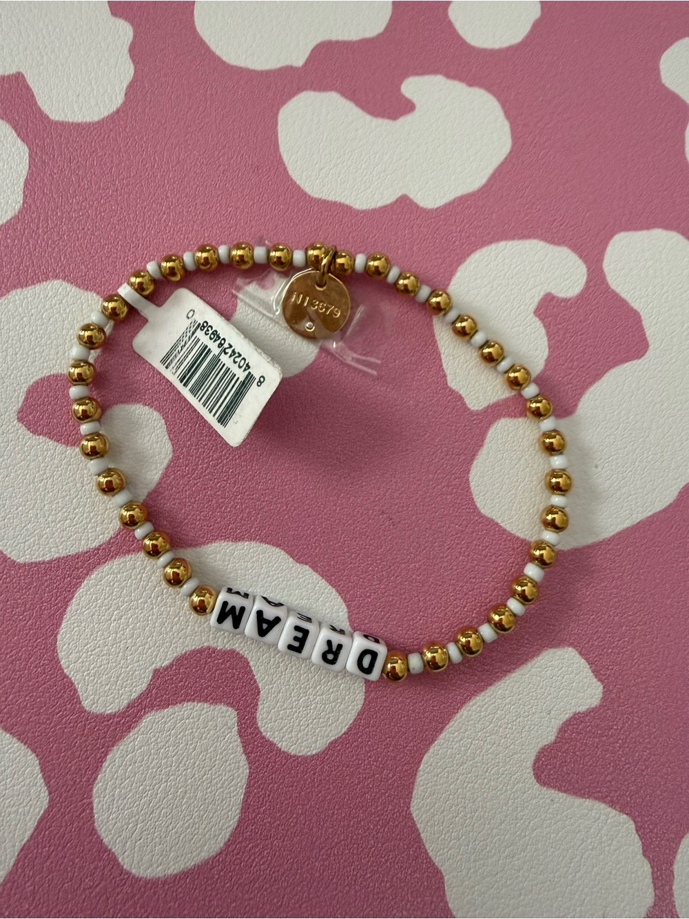 Gold Beaded DREAM Stretch Bracelet with White Letter Beads - Picture 2 of 2
